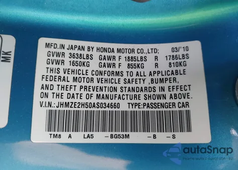2010 Honda Insight Lx from USA, damaged, VIN JHMZE2H50AS034660